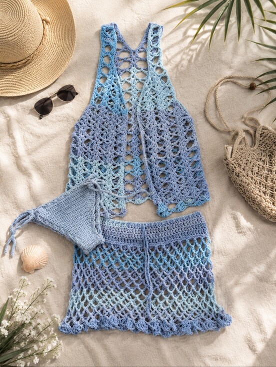Handmade Other - Handmade Boho Festival Crochet Blue Ombré 3-piece Swim Cover Up Set S-M